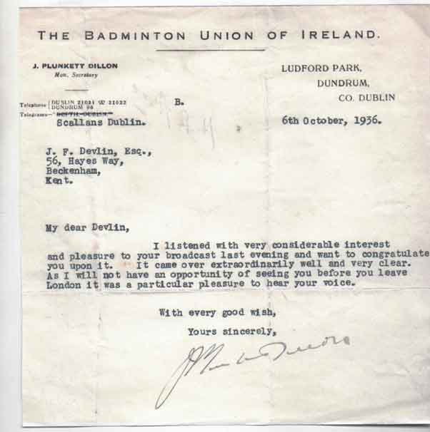 letter from the President of the Badminton Union of Ireland, John Plunkett-Dillon to Frank Devlin written in 1936