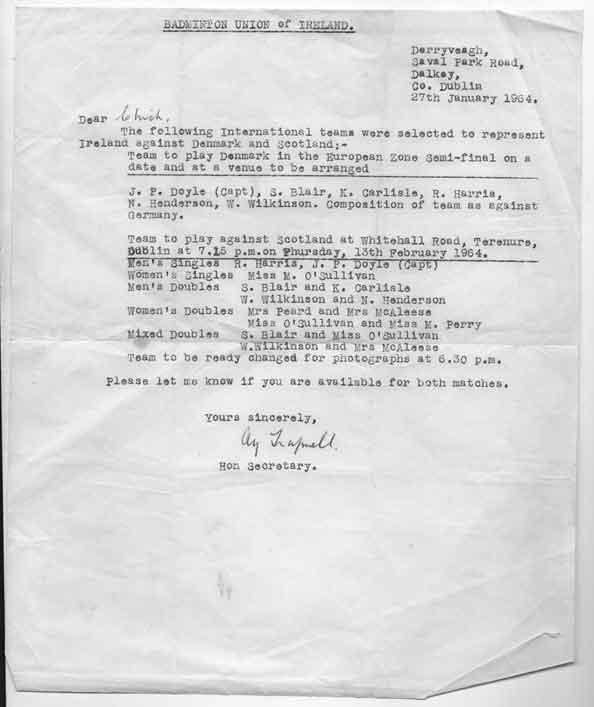 a letter from Geoff Trapnell to Chick Doyle 1964