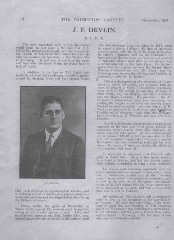 article on Frank Devlin 1931